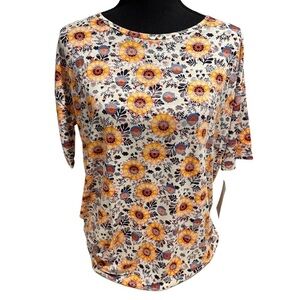 LulaRoe Irma Tunic Short Sleeve Sunflower Floral Yellow Red Blurred XXS-XS 00-0